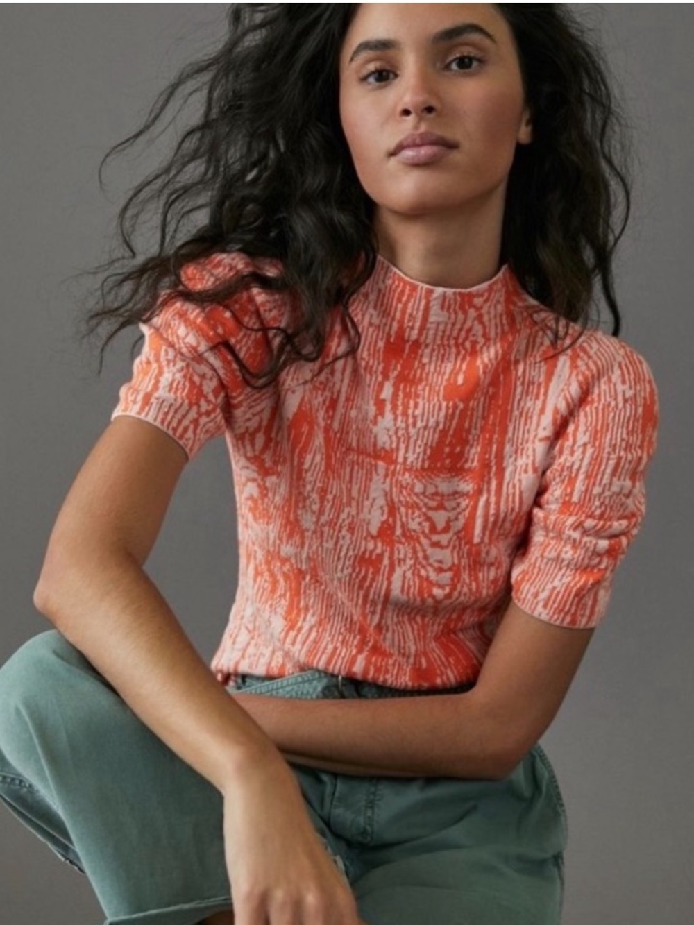 Anthropologie Orange and White-Ish Short-Sleeve Mock Neck Sweater